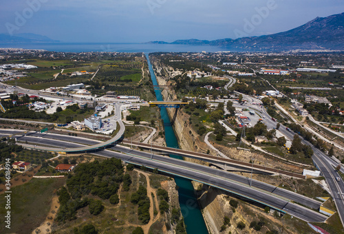 The Corinth Canal aerial view with bridge and traffic line