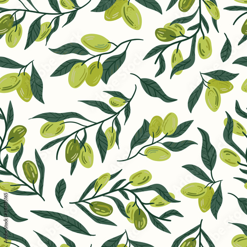 Green olives on a branch vector illustrations. Seamless pattern background. hand draw cartoon Scandinavian nordic design style for fashion or interior or cover or textile.