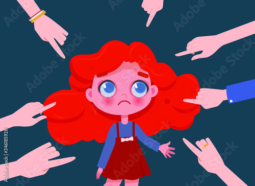 Sad girl being bullied at school, fingers pointing at her. Discrimination and bullying, stress and pressure, public censure and victim blaming.