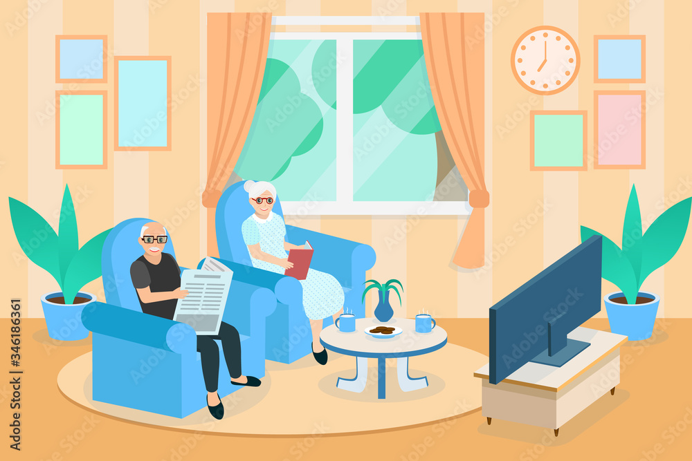 Fototapeta premium grandfather and grandmother are sitting on a sofa and watch TV in living room, Grandfather reading the newspaper, Grandma reading a book, Senior couple sit on a couch in house, stay at home.
