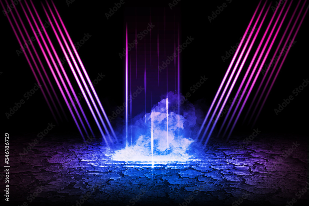 Empty background scene. Rays of neon light in the dark, neon figures, smoke. Background of empty stage show. Abstract dark background.
