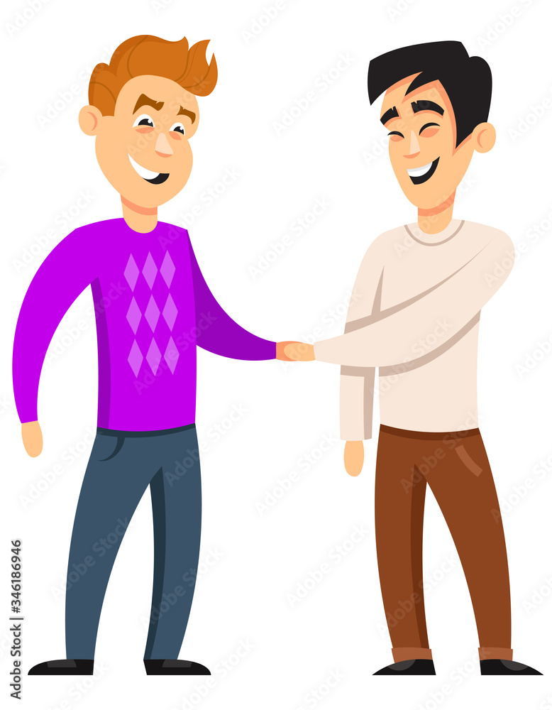 Men of different nationalities shake hands. Smiling characters in cartoon style. Men of different nationalities shake hands. Smiling characters in cartoon style.