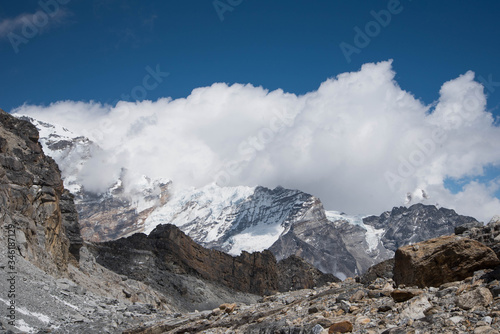 Panoramic view mountains with snow in Chaurikharka, Annapurna nature reserve, Nepal