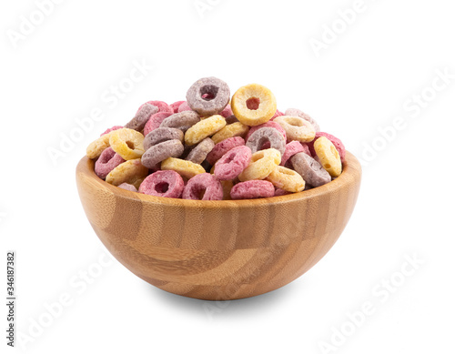 Cornflake chocolate or cornflake nature in the bowl wood is a healthy breakfast that is diet food for every day on top view in white background.