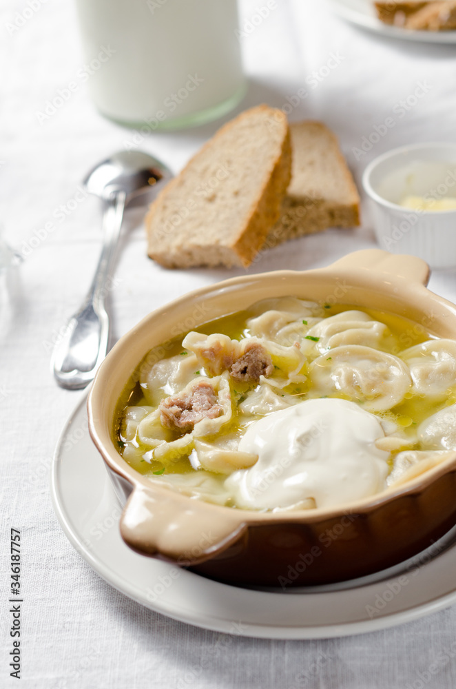 Dumplings in meat broth. Traditional meat dish of Russian cuisine Dumplings in meat broth. Traditional meat dish of Russian cuisine