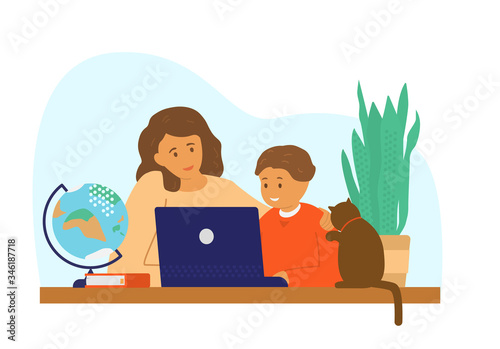 Homeschool or online education. Mother with child and cat sitting in front of laptop learning. Flat vector illustration.