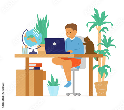 Homeschool or online education. Smiling boy sits in front of laptop learning. Cozy workplace with cat and plants. Flat vector illustration.