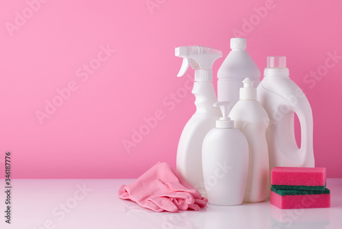 Set of bottles of different cleaning procucts photo