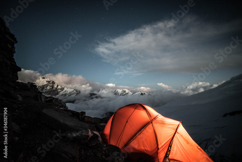Mera Peak, mountains base camp with snow in Chaurikharka night in tent
