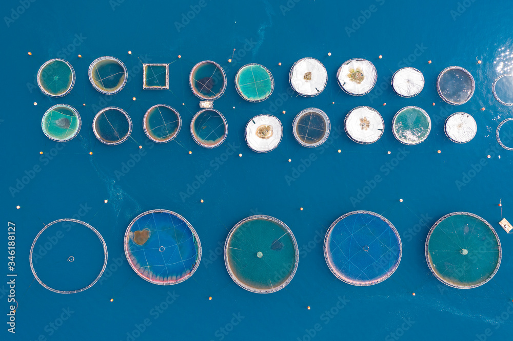 Fototapeta premium Sea fish farm. Aerial view of fish farm Greece, view from above