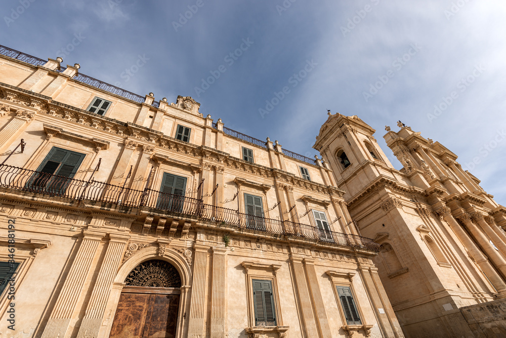 Landolina Palace and the Basilica and Cathedral of San Nicolò in Sicilian baroque style. Noto town, UNESCO world heritage site, Siracusa province, Sicily Island, Italy, Europe