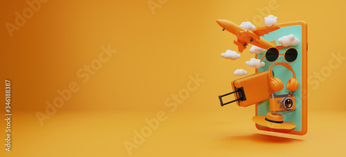 Traveling suitcase with smartphone and travel accessories on orange background. travel concept. 3d rendering. 