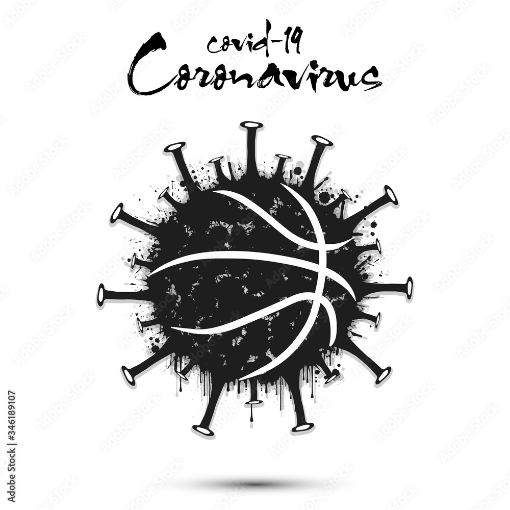 Coronavirus sign with basketball ball made of blots. Stop covid-19 outbreak. Caution risk disease 2019-nCoV. Cancellation of sports tournaments due to an outbreak of coronavirus. Vector illustration