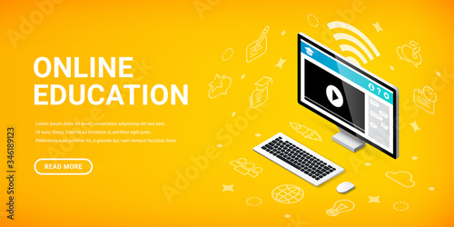 Online education isometric banner template. 3d desktop computer with video lesson on monitor screen, icons and text. E-learning concept, training courses, online school, university vector illustration