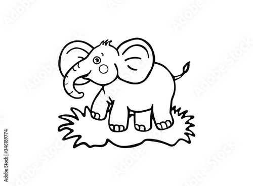 Vector cartoon drawing illustration of cute baby elephant.Coloring book with funny animal for children.Black and white.