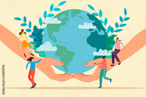 Vector illustration.Nice people are engaged in the protection of the earth.in the background, two large hands and a globe.