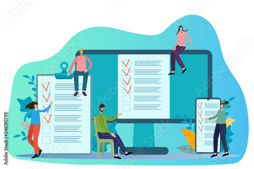 People are syncing tasks.In the background, a checklist with a checkbox and duplicates on the computer and smartphone display.Vector illustration.