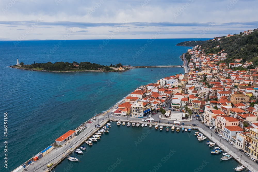 Panoramic sunshine view of the port of Gythio, Peloponnese, Greece