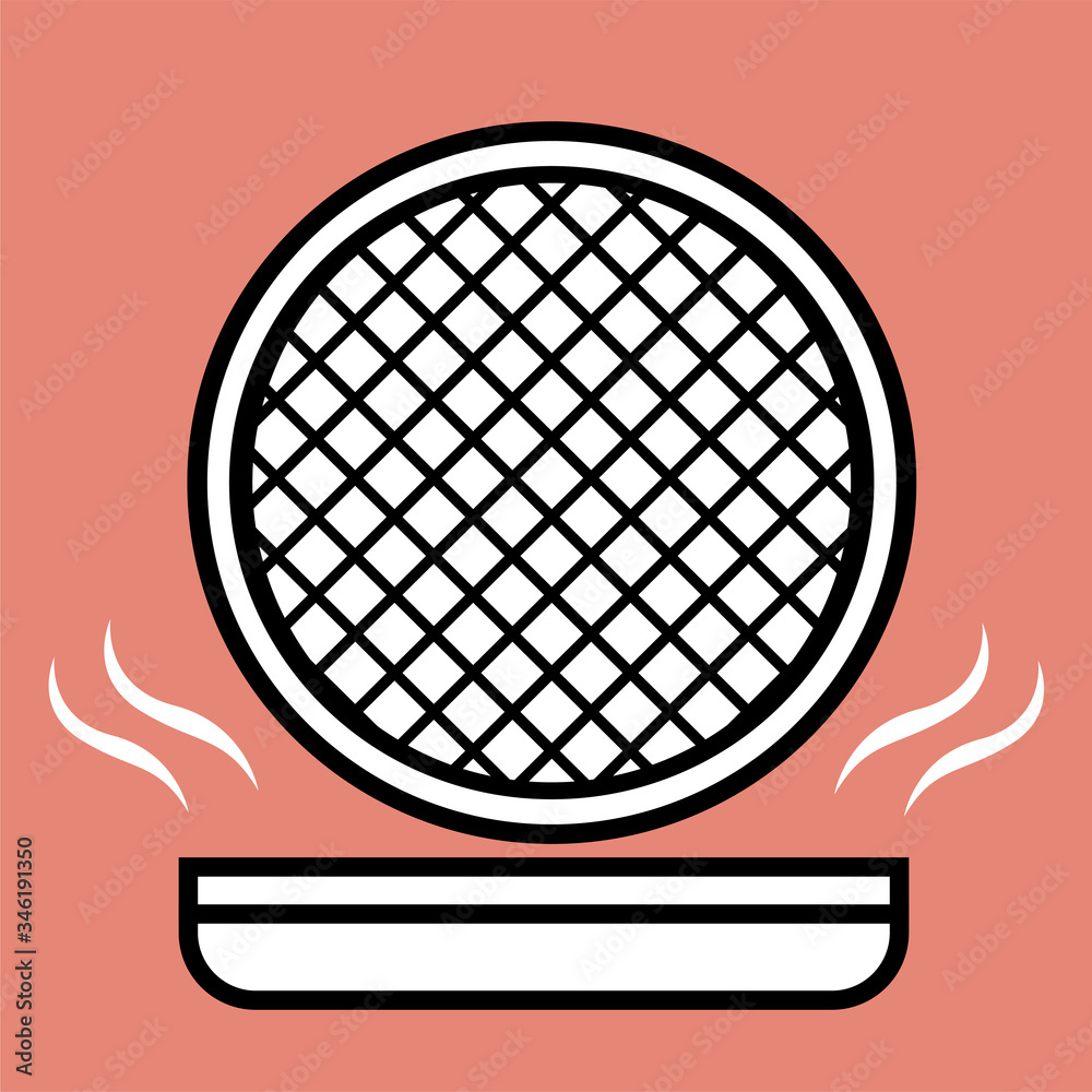 Hot waffle maker with open lid for baking. Vector black and white illustration with color background. Hot waffle maker with open lid for baking. Vector black and white illustration with color background.