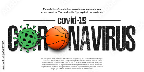 Coronavirus covid-19 and virus cell sign with basketball ball. Cancellation of sports tournaments due to an outbreak of coronavirus. The worldwide fight against the pandemic. Vector illustration © mityay_pg