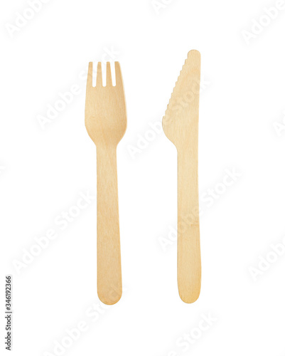 Wood knife and fork isolated on white background. Zero waste concept. No plastic. Top view, Sustainable life