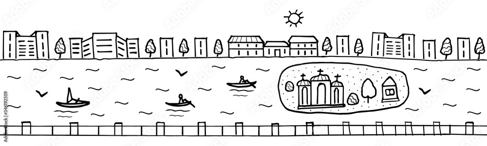 Obraz premium Seamless horizontal urban landscape city and river ready for footer or header web site or landing page design. Set of vector illustration doodle black and white isolated on white background