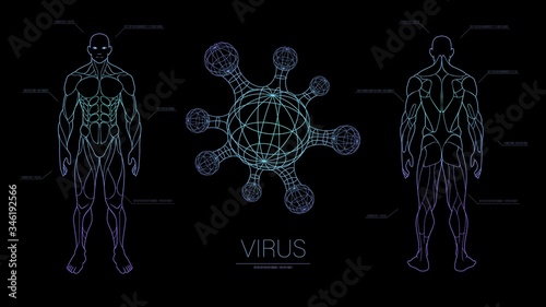 background science fiction about virus and human body, quarantine bacterium, vaccine research laboratory scientists, hologram effect of neon glow in space monitor scientific lab medical med dna health
