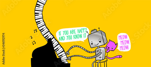 Cute robot playing If you are happy and you know it on piano with a pink cat