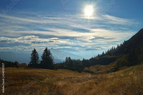 mountain view in Bavarian alps with peaceful autumn sky