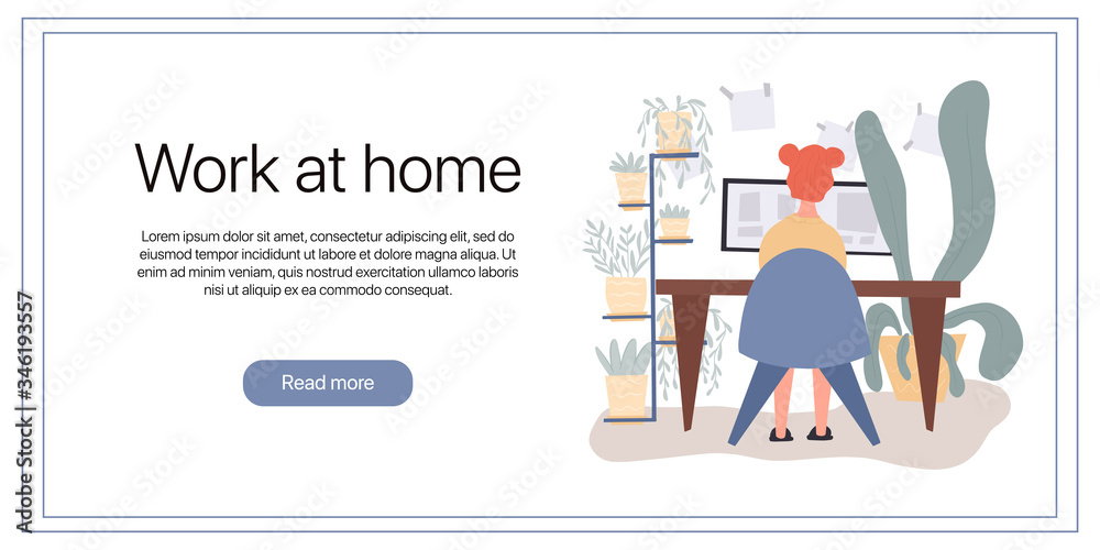 Work at home vector flat landing page template. Freelance worker, self employed, coworking space concept.