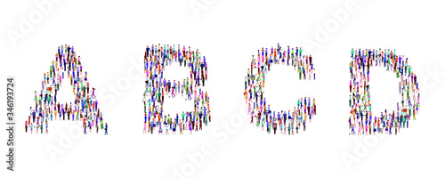 A large group of people standing in the shape of the alphabet. High angle view or top view image. Vector illustration. Isolated, white background.