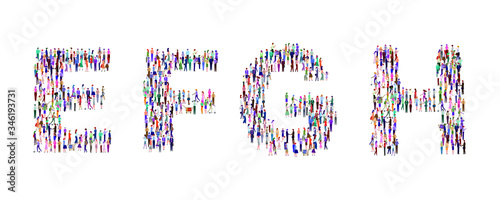 A large group of people standing in the shape of the alphabet. High angle view or top view image. Vector illustration. Isolated, white background.