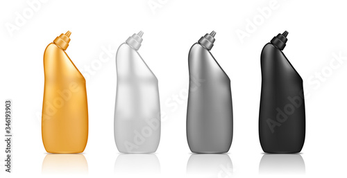 Set of Realistic 3D Toilet Cleaner Bottle Mockups isolated from background - white, black, gold, silver. 3d plastic package design. Blank domestic, household and hygiene template. Vector illustration