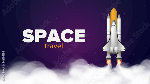 Space trip. Purple banner on the theme of space flight. Space shuttle. Fighter. Rocket Carrier is taking off. Vector.