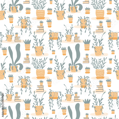 Houseplants vector seamless pattern. Cute flower pots botany flat illustration.