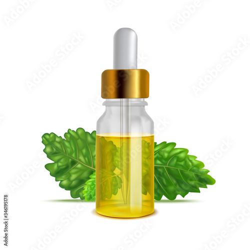 Isolated Patchouli Oil Bottle with Leaves in Realistic Style