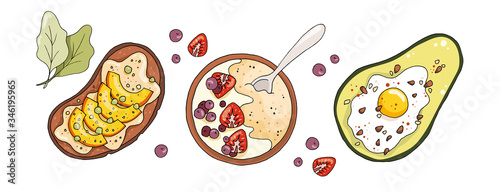 Hand drawn healthy food illustration. Oatmeal porridge, avocado with egg, fruit sandwich.