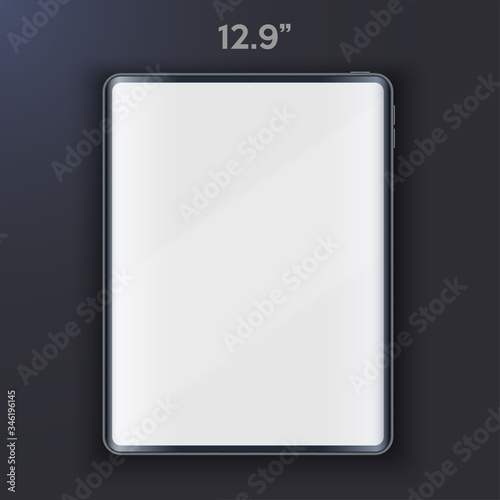 Tablet PC layout presentation mockup. Example frameless 12.9 model Tab with touchscreen on dark background. Project application mockup. Vector Illustration isolated on white background