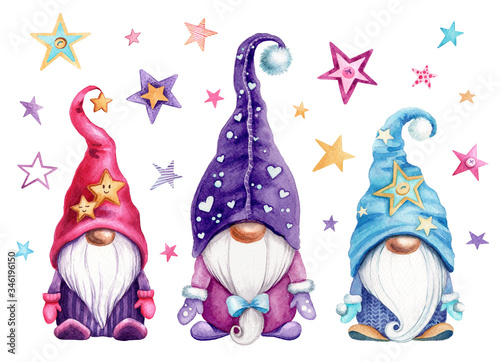 Watercolor illustration of magic gnomes with stars on white background isolated. Cute scandinavian gnomes for your design. photo