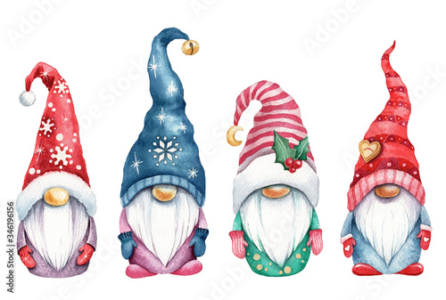 Watercolor illustration of magic gnomes on white background isolated. Cute scandinavian christmas gnomes. photo