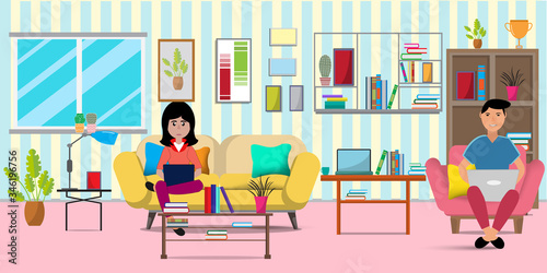 Flat design vector of man and woman doing work at the laptop computer in home.They are sitting on sofa behind computer with picture.work from home,Freelance,Vector Graphic and workplace concept.