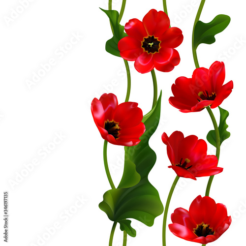 Red flowers. Floral background. Tulips. Seamless pattern. Green. Leaves. Vertical.