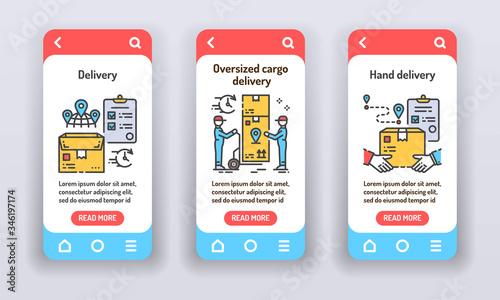 Shipping and distribution goods on mobile app onboarding screens. Oversized delivery. Banners for website on red background and mobile kit development. UI UX GUI template.