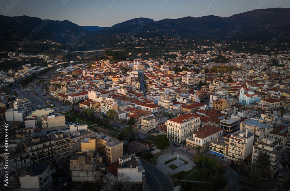 Aerial view of old town of Kalamata City, Peloponnese, Greece.