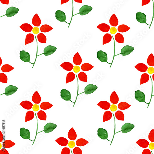 Seamless floral pattern with bright red flowers. Red petals  yellow center and green stem and leaves. Hand drawn watercolor background on white. Good for textile  paper and card design.  