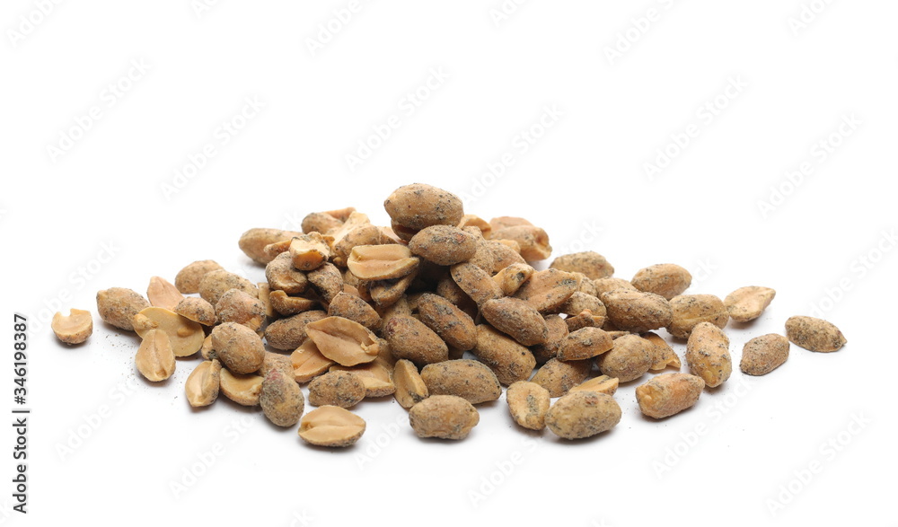 Pepper flavored and seasoned roasted peanuts isolated on white background Pepper flavored and seasoned roasted peanuts isolated on white background