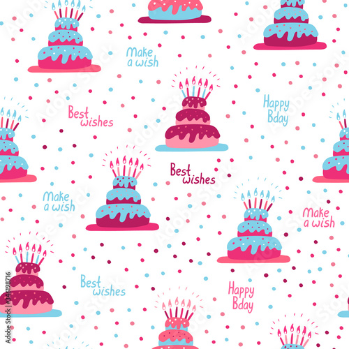 Vector seamless pattern with birthday cakes. Best wishes  make a wish and happy bday hand drawn lettering. Great for fabrics  baby clothes  wrapping papers. Light blue and pink colors.