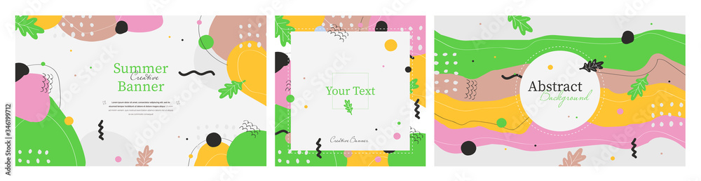Collection of three summer abstract green banners with place for text. Hand made doodle colorful geometric vector backgrounds perfect for web and application design, banners, posters, advertising