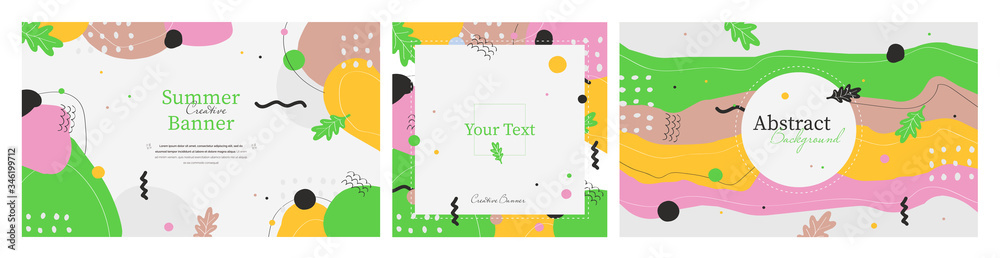 Collection of three summer abstract green banners with place for text. Hand made doodle colorful geometric vector backgrounds perfect for web and application design, banners, posters, advertising Collection of three summer abstract green banners with place for text. Hand made doodle colorful geometric vector backgrounds perfect for web and application design, banners, posters, advertising