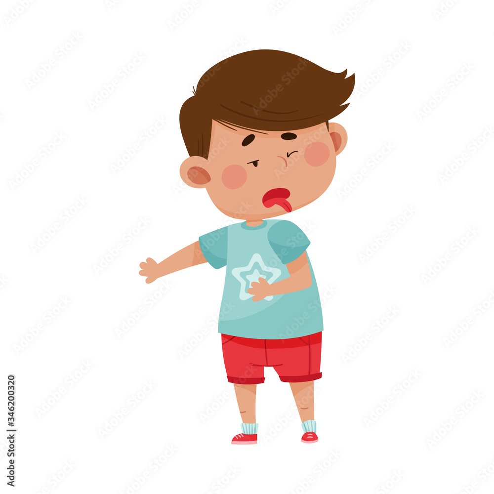 Dark Haired Boy Wearing Red Shorts Looking Away in Disgust Showing Disgusted Expression on His Face Vector Illustration